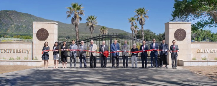 The main gate of Olivet University's 1,000-acre campus in Anza
